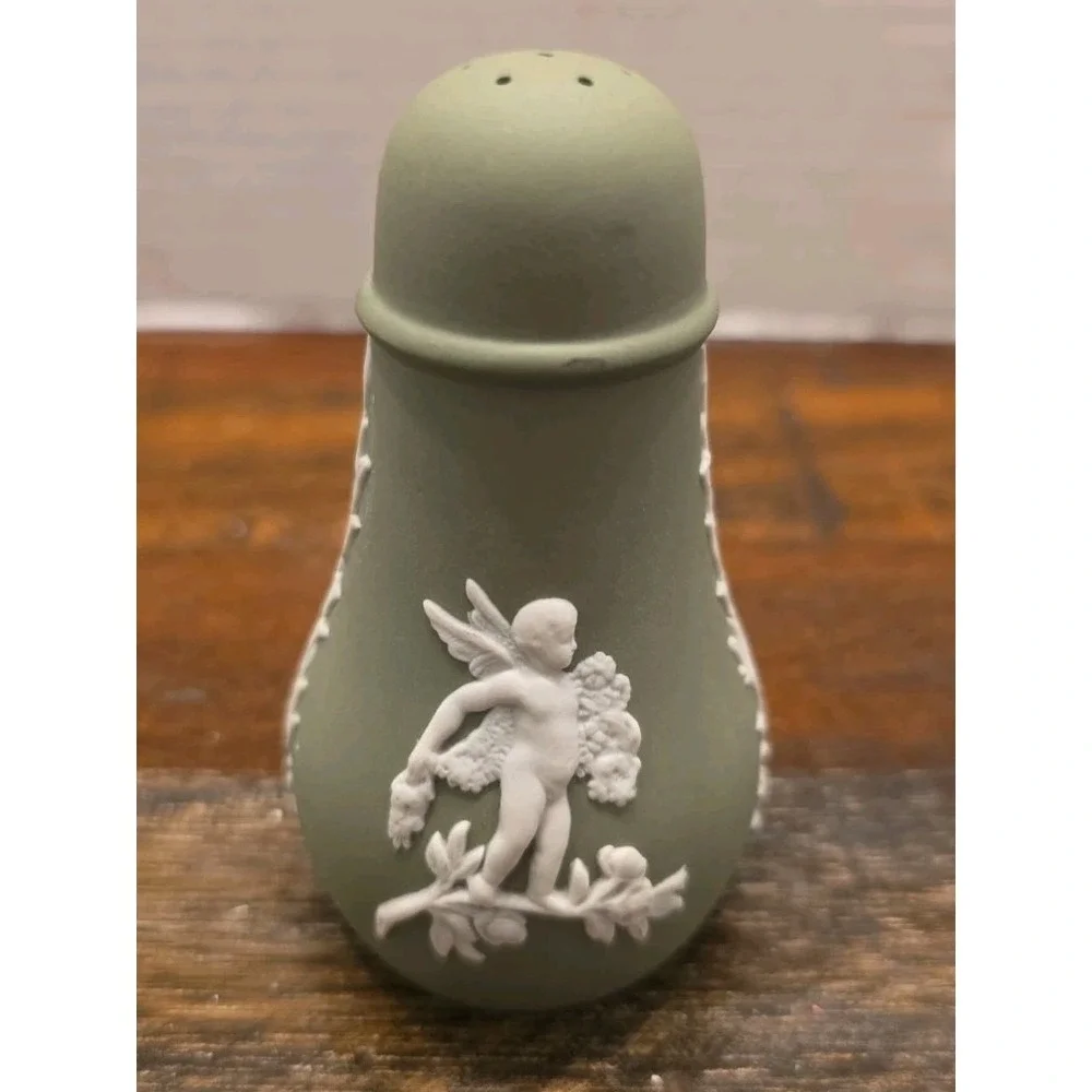 Vintage Wedgwood Jasperware Sage Green Salt & Pepper Shaker Set Cherub England